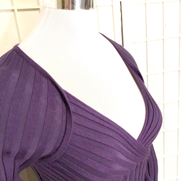 Plunge Neckline Long Sleeve Stretch Knt Purple Top - Picture 2 of 7